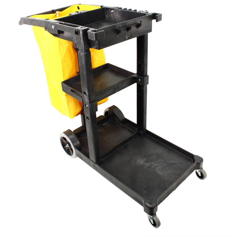 Impact® White® Black 3-Shelf Janitorial & Cleaning Cart w/ 25 Gallon Yellow  Vinyl Bag (#6850) —